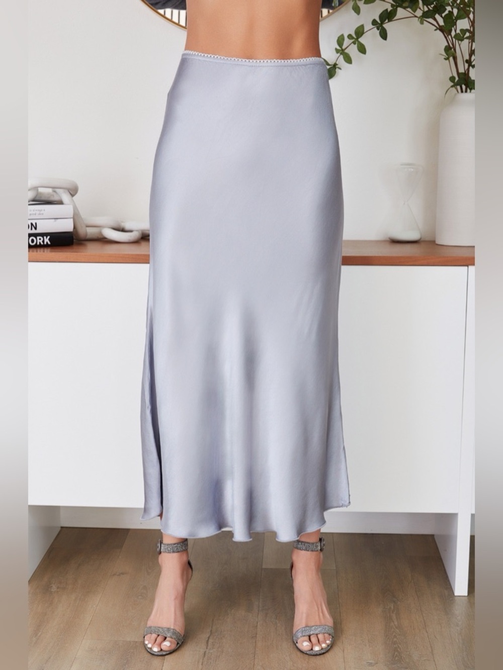 (9298/235110-SLVR) SOLID ELASTIC LACE TRIM WAIST SILKY VISCOSE MAXI SKIRT